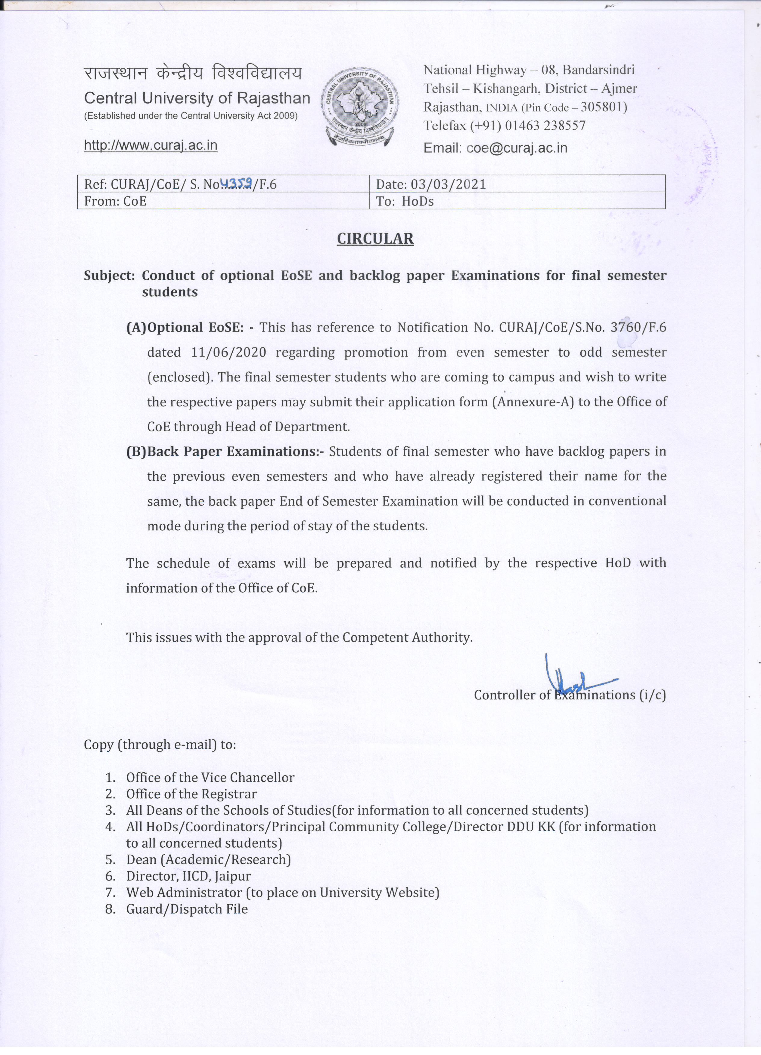 Examinations/Notices/Circulars | Central University of Rajasthan