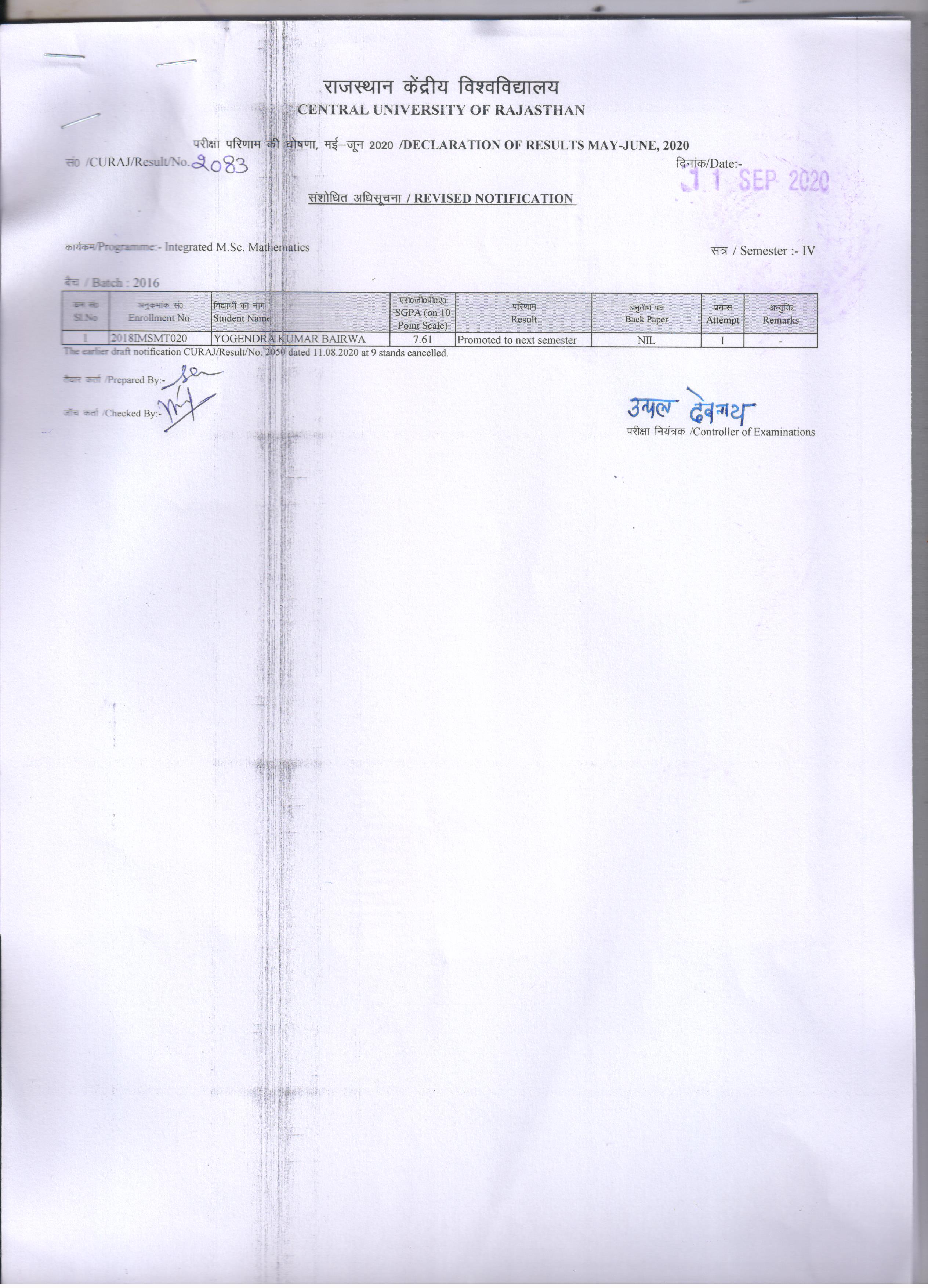 Result EoSE May-June 2020 (Revised Notification, Dept. of Mathematics ...
